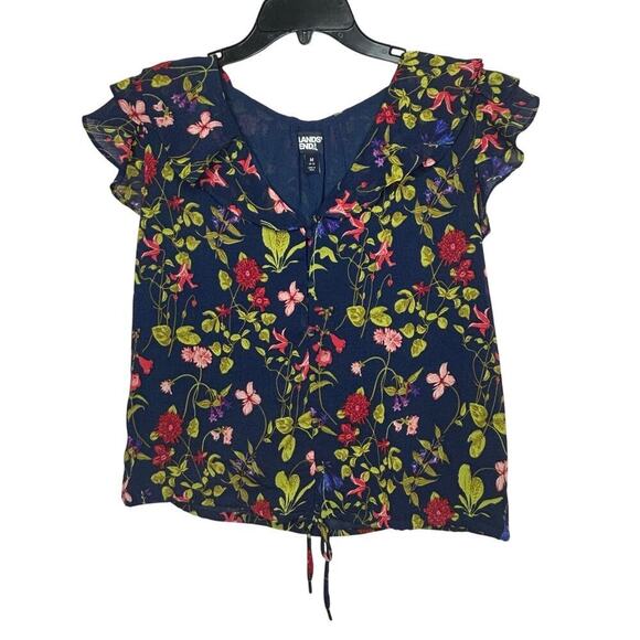 Lands’ End Deep Sea Garden Floral Chiffon Ruffle Sleeve Bubble Hem Blouse Medium - Picture 2 of 9